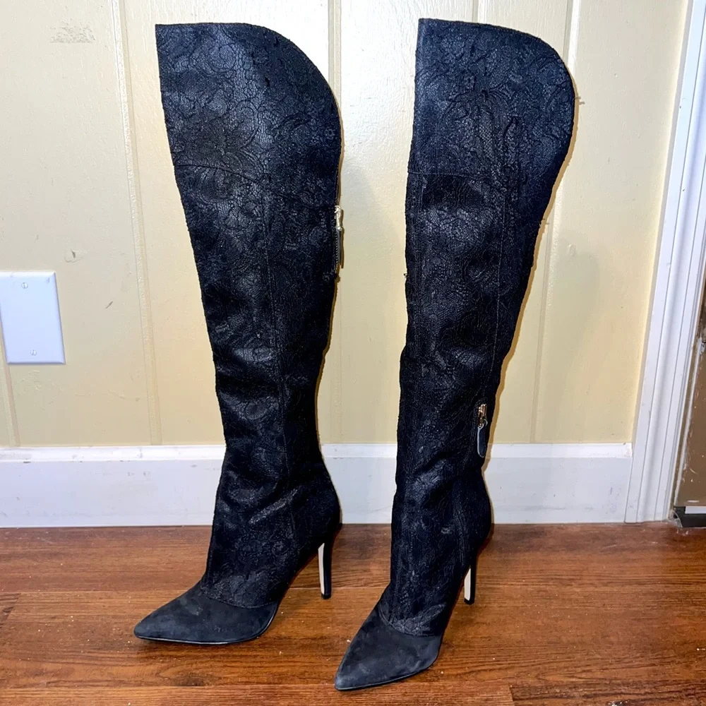 Guess Black Lace Textured Over Knee High Stiletto Heel Zip Up Boots Size 7
